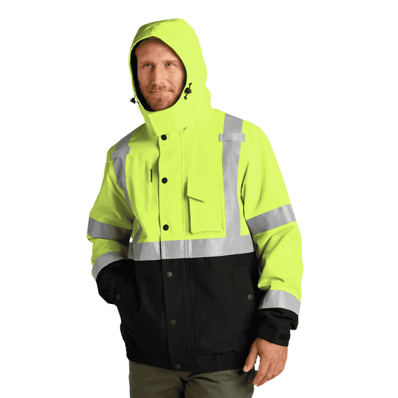 High Visibility Bomber Jacket for Work, Hi Vis Waterproof Insulated Ripstop Reflective Hooded Jacket (Safety Yellow, 4XL)