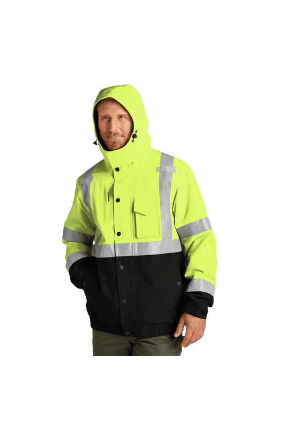 High Visibility Bomber Jacket for Work, Hi Vis Waterproof Insulated Ripstop Reflective Hooded Jacket (Safety Yellow, 5XL)