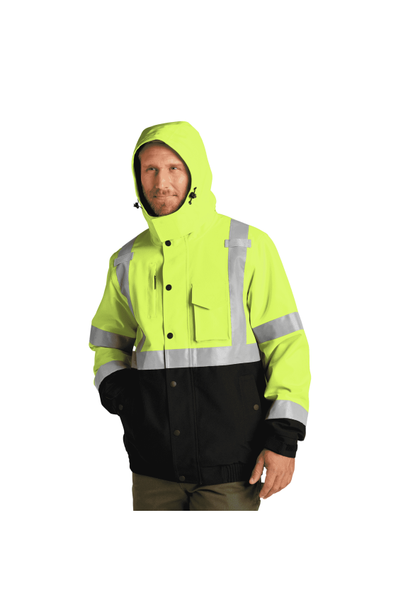 High Visibility Bomber Jacket for Work, Hi Vis Waterproof Insulated Ripstop Reflective Hooded Jacket (Safety Yellow, S)
