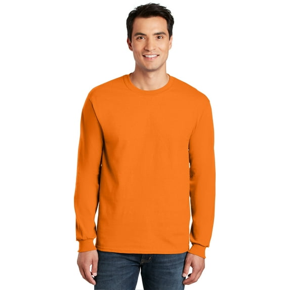 High Visibility Crewneck T-Shirt for Men, Gildan Hi Vis Long Sleeve Safety Shirts, 5.3 Oz 50/50 Cotton/poly Safety Orange, S