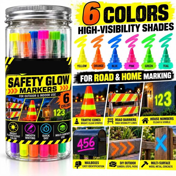 High Visibility Fluorescent Marker Pens 6 Pack For Road Cones House Numbers Mailboxes Outdoor Signs