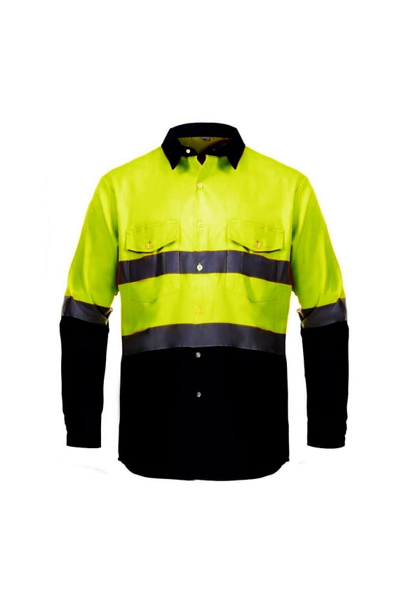 High Visibility Hi Vis Reflective Safety Fluorescent Neon Work Shirts (Large, Bright Yellow/Navy Blue)