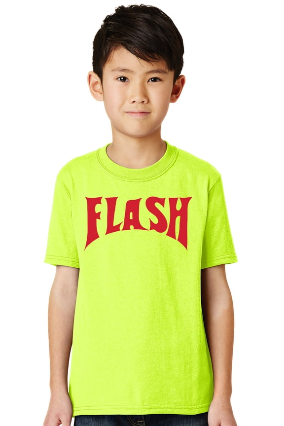 High Visibility Kids FLASH T-shirt - Safety Green, Large (front print)