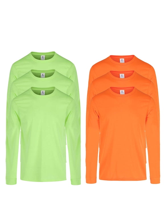 High Visibility Long Sleeve Pure Dry Fit Poly Safety Work T-Shirt for Men | Hi Vis Moisture Wicking Lightweight Shirts for Work Wear in Neon Green And Orange, 100% Polyester, 6 Pack, Size 2XL