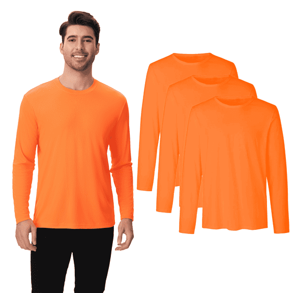 High Visibility Long Sleeve Safety Men's T-Shirt, Hi Vis Polyester Sweat Wicking Lightweight Work Tee, Neon Orange, 3 Pack, 4XL