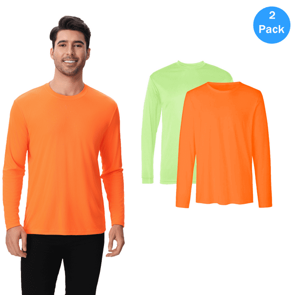 High Visibility Long Sleeve Safety Work T-Shirt, 2 Pack Hi Vis Men 100 Polyester Neon Green & Orange Tee, S