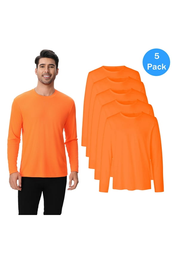High Visibility Long Sleeve Shirt for Men, 100% Polyester, Hi Vis Quick Dry Moisture-Wicking Sports Shirt, Safety Neon Orange, 5 Pack, XL