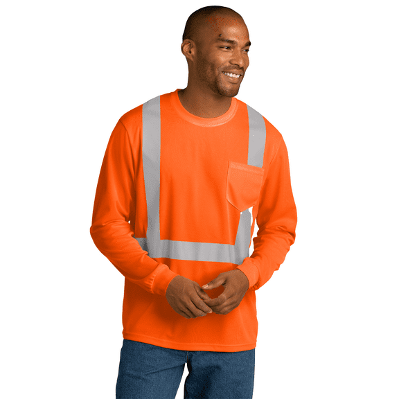 High Visibility Long Sleeve T-Shirts for Men Reflective Hi Vis Mesh Long Sleeve Pocket Tee (Safety Orange, L)
