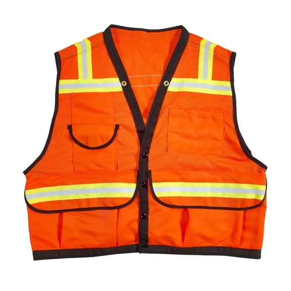 Mutual Industries High Visibility Mesh Super Deluxe Surveyor Vest with 2 Vertical and 2 Horizontal 1-1/2" Lime/Silver/Lime Reflective Stripes, 4X-Large, Orange