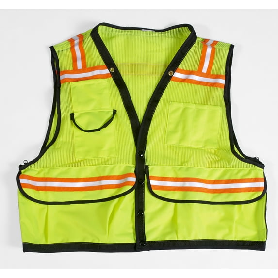 High Visibility Mesh Super Deluxe Surveyor Vest with 2 Vertical and 2 Horizontal 1-1/2" Lime/Silver/Lime Reflective Stri