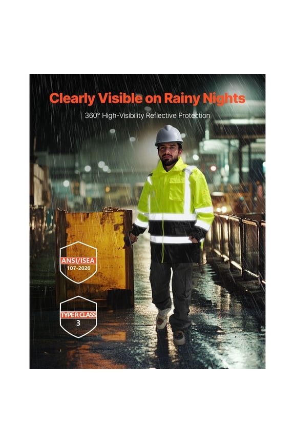 High Visibility Reflective Safety Jacket, Waterproof Safety Hoodie, Work Construction Coat with Pockets for Men & Women, Rain Gear Meet ANSI & Class 3