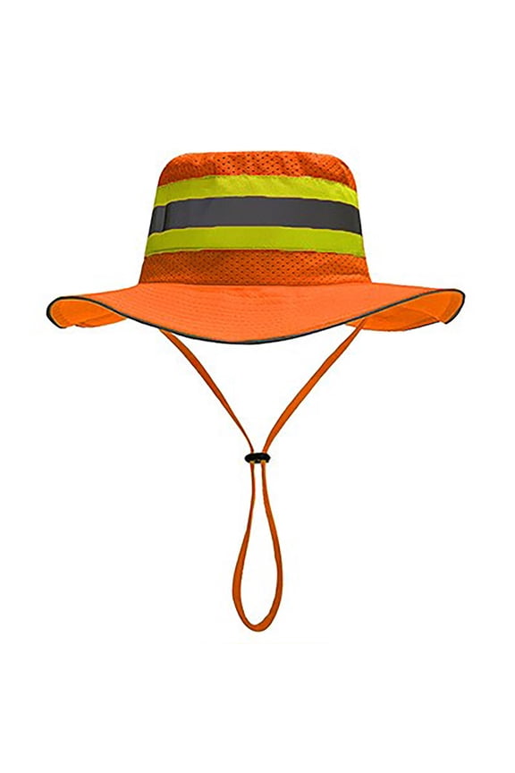 High-Visibility Reflective Sun Hat, Reflective Safety Sun Hat, Wide-Brimmed Work Bucket Hat with Adjustable Strap, Suitable for Construction and Outdoor Activities,Orange