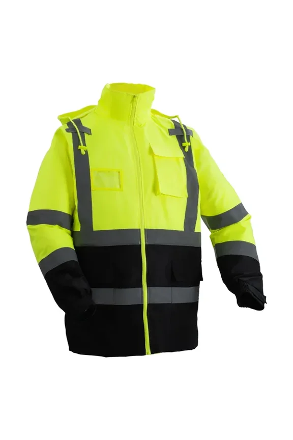 High Visibility Reflective Waterproof Safety Jacket Hoodie ANSI Class 3 Hi Vis Yellow Black Bottom Coat for Men Women Work Construction Rain Gear with Pockets