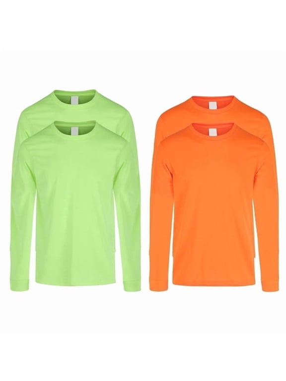 High Visibility Safety Crewneck Long Sleeves T Shirt for Men | 5.5oz, Hi Vis Pure Dry 100% Polyester Reflective Safety Neon Green and Neon Orange Fit Poly Work Tees 4 Pack Size 2XL