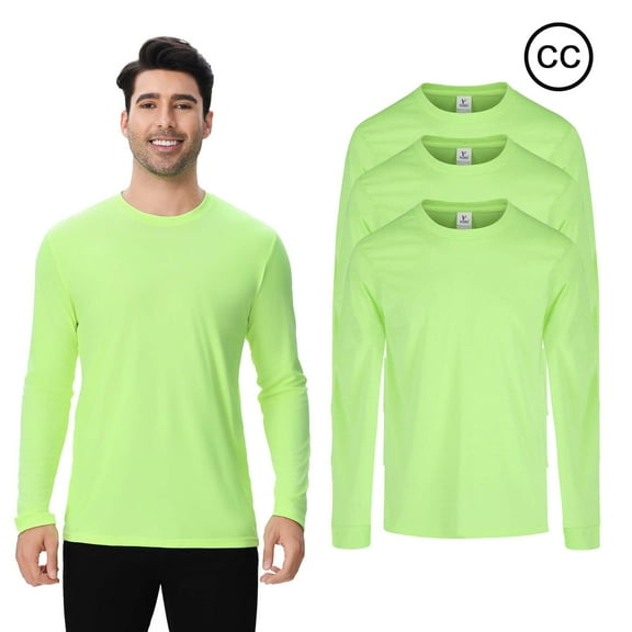 High Visibility Safety Long Sleeve Work T-Shirt, High Performance for Men | Hi Vis Reflective Pure Dry Fit Poly Shirts for Work Wear in Neon Green, 100% Polyester, 3 Pack, Size XL