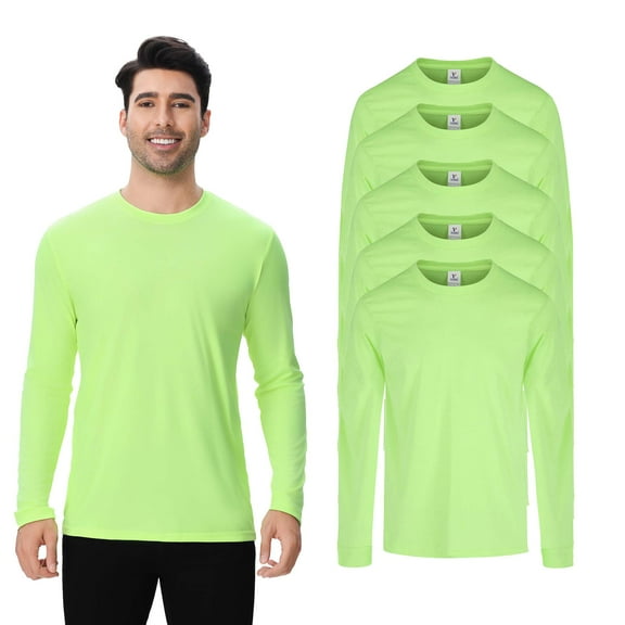 High Visibility Safety Long Sleeves Shirt for Worker | High Performance Pure Dry Fit Poly, Hi Vis 100% Polyester Safety Neon Green Moisture Wicking Tee Size M, Bulk 5 Pack
