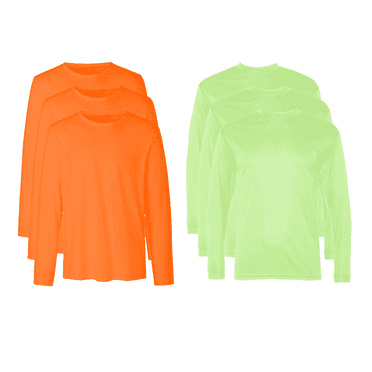 High Visibility Safety Men's Long Sleeve T-Shirt, 100% Polyester Construction Work Shirt, Neon Orange and Green, 6 Pack, S