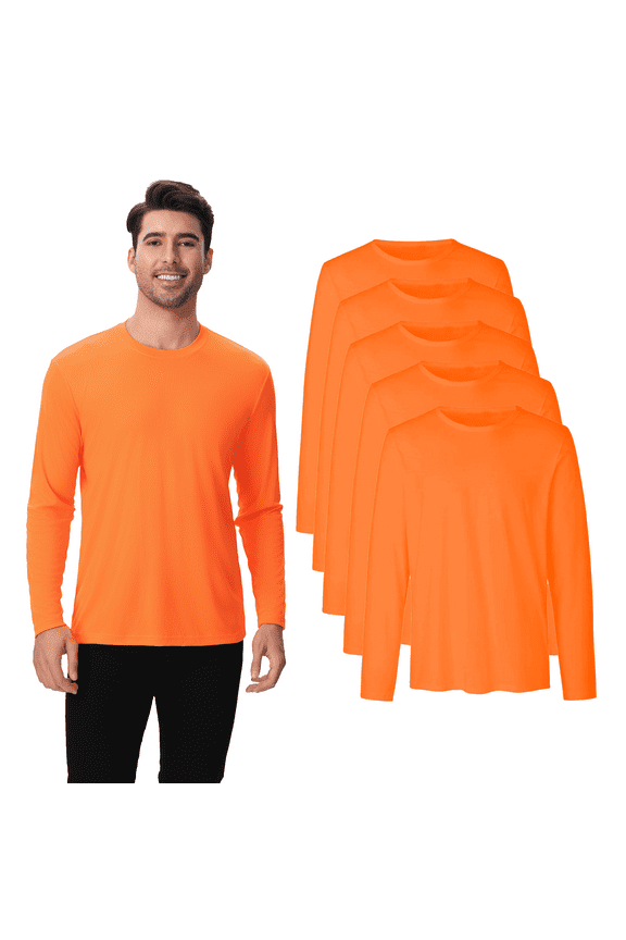 High Visibility Safety Men's Long Sleeve T-Shirt, Hi Vis Quick Dry Polyester Crew Neck Work tee, Neon Orange, 5 Pack, 4XL