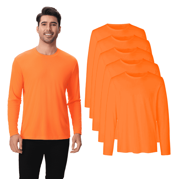 High Visibility Safety Men's Long Sleeve T-Shirt, Hi Vis Quick Dry Polyester Crew Neck Work tee, Neon Orange, 5 Pack, M