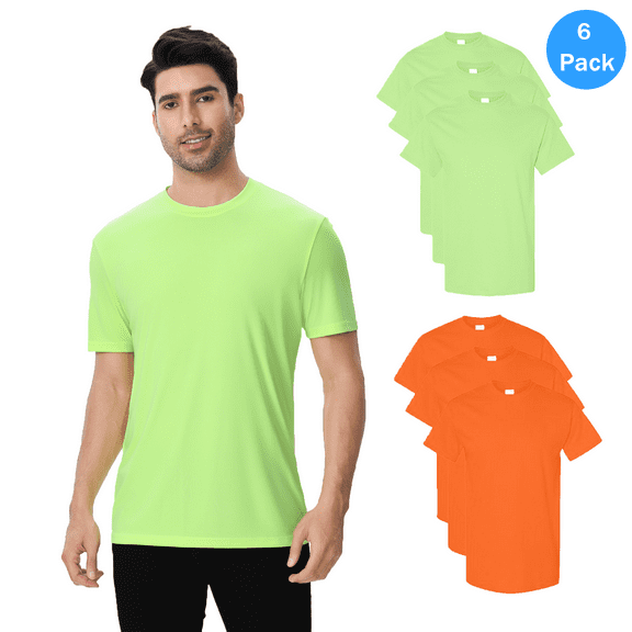 High Visibility Safety Neon Green & Orange Short Sleeve T Shirts, Hi Vis Dry Fit Poly Men Work Tee,6 Pack, S
