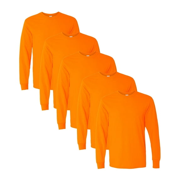 High Visibility Safety T-Shirt | Gildan Long Sleeve Shirt, Hi Vis Safety Orange Tee | Pack 5, Size-3XL