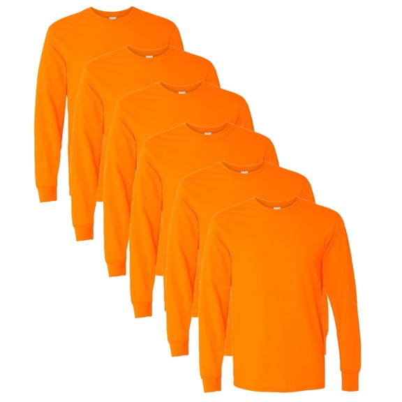 High Visibility Safety T-Shirt | Gildan Long Sleeve Shirts, Safety Orange Tee | Pack 6, Size-XL
