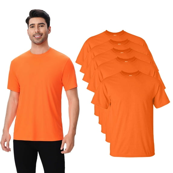 High Visibility Safety T-Shirt, Hi Vis Short Sleeve Pure Dry Fit Poly Shirts for Men, 5.1 Oz 100% Polyester, Neon Orange, 5 Pack, S Size