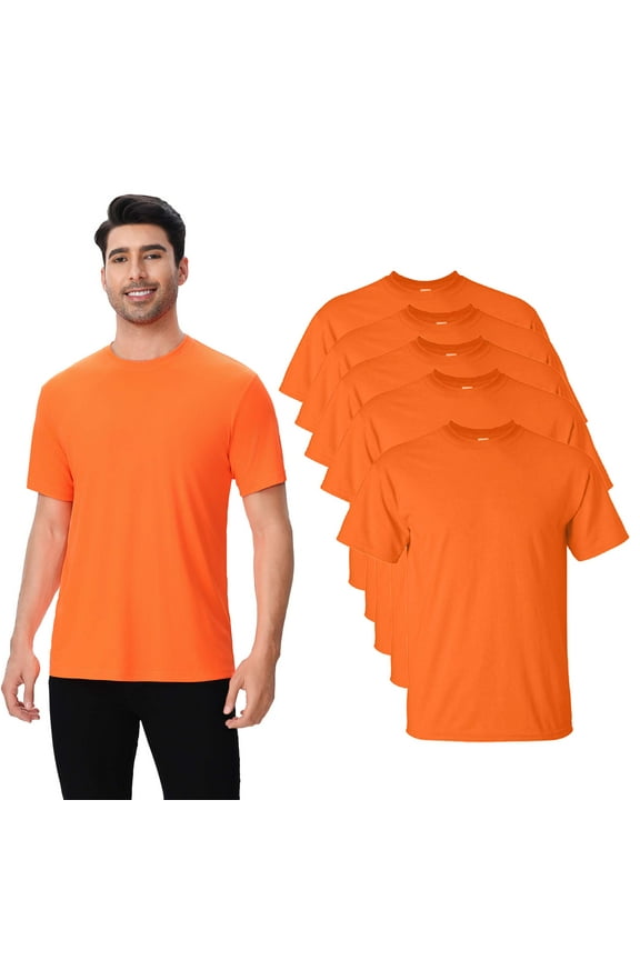 High Visibility Safety T-Shirt, Hi Vis Short Sleeve Pure Dry Fit Poly Shirts for Men, 5.1 Oz 100% Polyester, Neon Orange, 5 Pack, XL Size