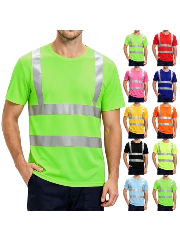 High Visibility Safety T-Shirt for Men Reflective Mesh Hi Vis Work Shirt with 2-Inch Reflective Tape Breathable Birdseye Mesh Short Sleeves Fluorescent Green L