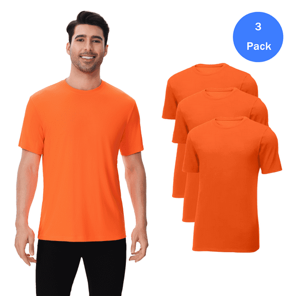 High Visibility Safety T-Shirt for Men, Hi Vis Crewneck Short Sleeve Work Tee 100% Polyester Safety Neon Orange, 3 pack, S