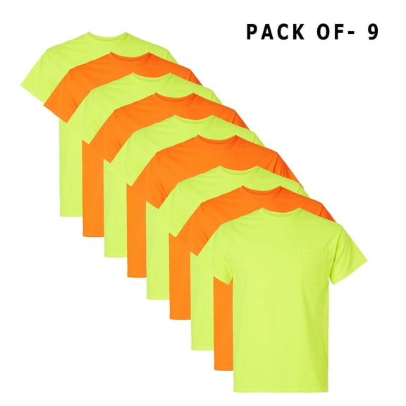 High Visibility Safety T-Shirt with Pocket | Gildan Short Sleeve Shirt, Orange and Green Color | Hi Vis Pocket Tee, Pack 9, Size-4XL
