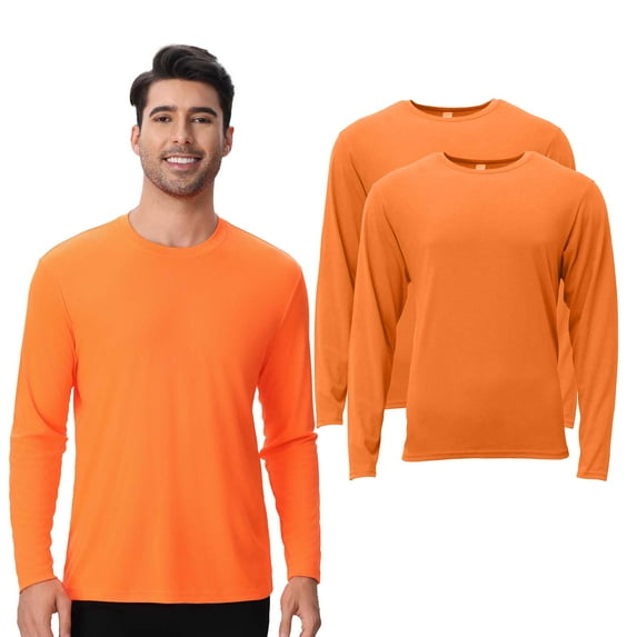 High Visibility Safety Work T-Shirt for Men, Pure Dry Fit Hi Vis Crew Long Sleeve Work Shirt | Reflective Lightweight Safety Neon Orange 5.5oz 100% Polyester Quick Dry Tees, Size 4XL, Pack of 2