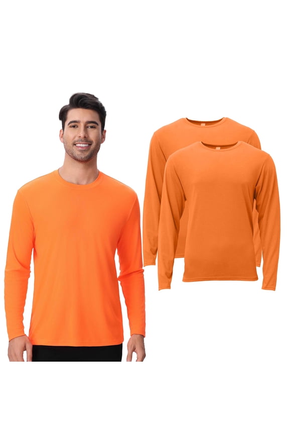 High Visibility Safety Work T-Shirt for Men, Pure Dry Fit Hi Vis Crew Long Sleeve Work Shirt | Reflective Lightweight Safety Neon Orange 5.5oz 100% Polyester Quick Dry Tees, Size L, Pack of 2