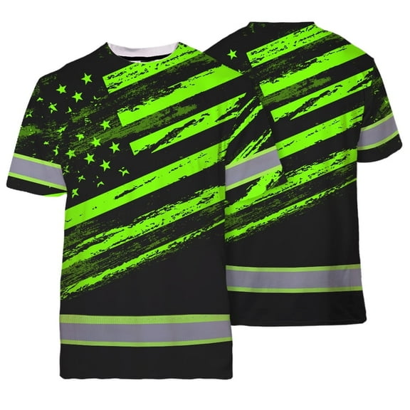 High Visibility Shirt Black Reflective Tapes Green Neon US Flag for Workers, Runners, Truckers, Patriotic-2XL