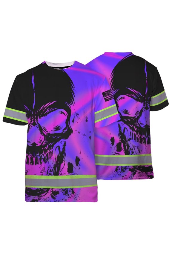 High Visibility Shirt Reflective Tapes Hologram US Flag Skull Custom Name for Workers, Runners, Truckers, Patriotic-3XL