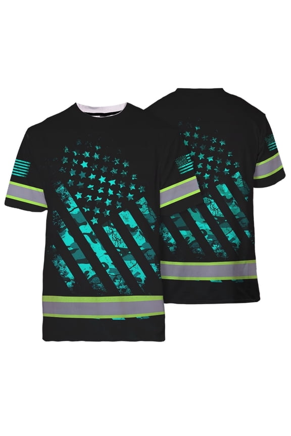 High Visibility Shirt Reflective Tapes Mint Neon US Flag Camo Custom Name for Workers, Runners, Truckers, Patriotic-2XL