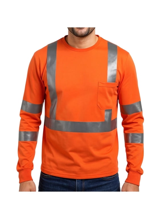 High Visibility Shirts for Men Women Class 2 Hi Vis Reflective Safety Construction Meet ANSI Breathable Long Sleeve Work Shirts, L