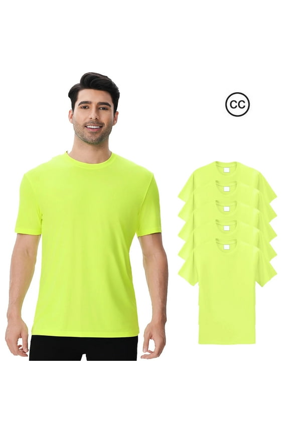High Visibility Short Sleeve Safety Work T-Shirt for Men | Pure Dry Fit Poly Shirts Hi-Vis Reflective Work Wear, Color Safety Neon Green, 100% Polyester, Size XL, 5 Pack