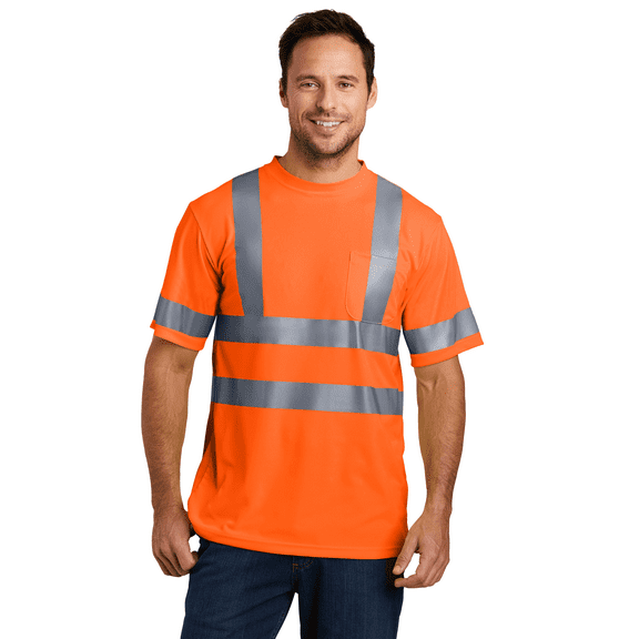 High Visibility Short Sleeve Snag-Resistant Reflective T-Shirt for Workwear, Hi Vis crewneck pocket Tee (Safety Orange XL)