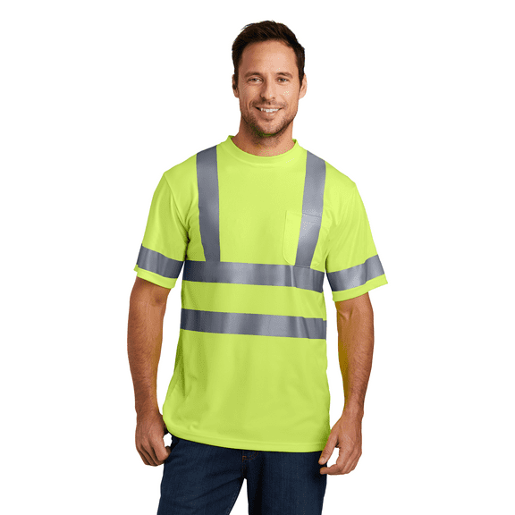 High Visibility Short Sleeve Snag-Resistant Reflective T-Shirt for Workwear, Hi Vis crewneck pocket Tee (Safety Yellow L)
