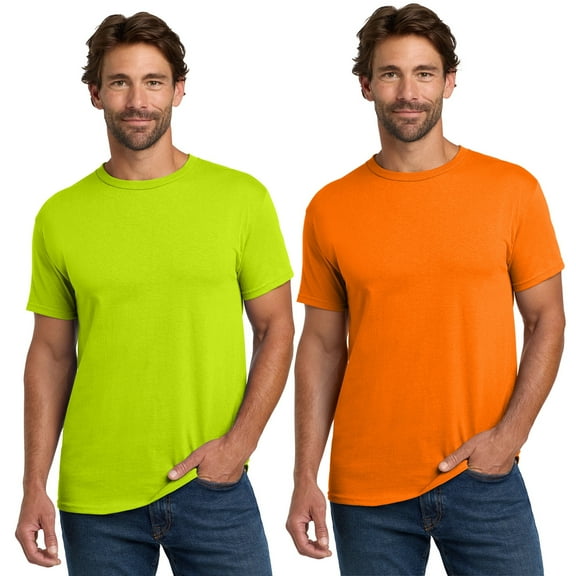 High Visibility Short Sleeve T-Shirt, Hanes Men Safety Orange and Green, 2 Pack, S-5XL, Cotton-Polyester