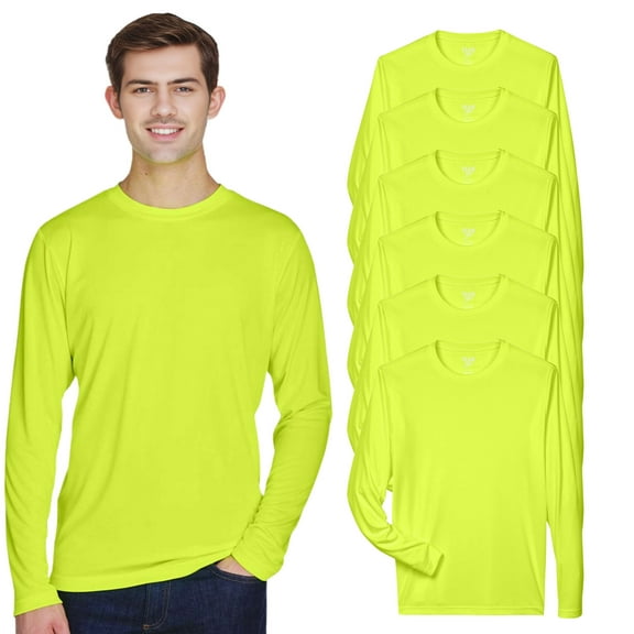High Visibility Long Sleeve Workwear Tee, 100% Polyester Hi Vis Men's Zone Performance Long Sleeve T-Shirt (Safety Yellow 6 Pack, L)
