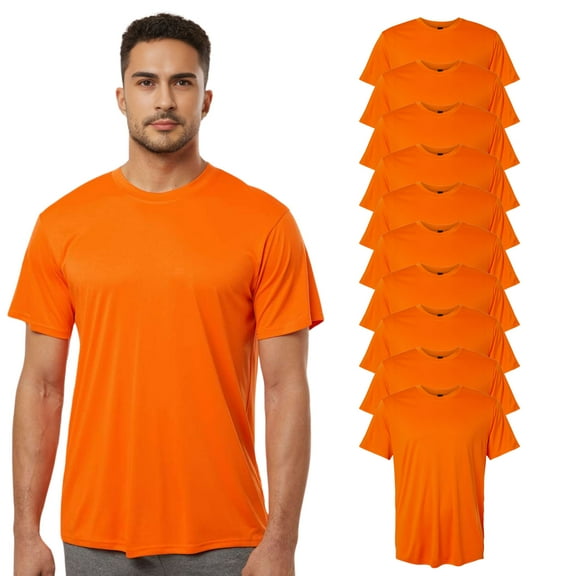 High Visibility Short Sleeve Workwear Tee, 100% Polyester Hi Vis Reflective Performance T-Shirts for Men (Neon Safety Orange 10 Pack, L)