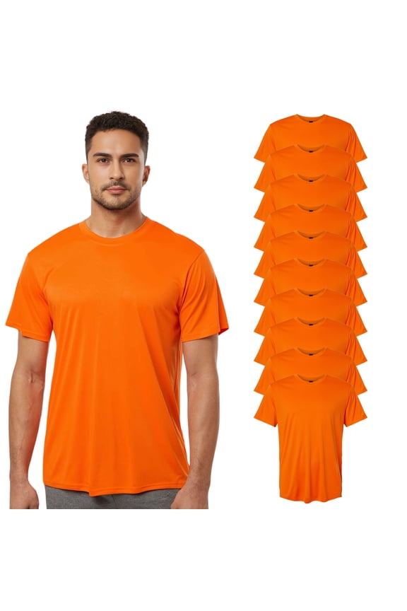High Visibility Short Sleeve Workwear Tee, 100% Polyester Hi Vis Reflective Performance T-Shirts for Men (Neon Safety Orange 10 Pack, L)