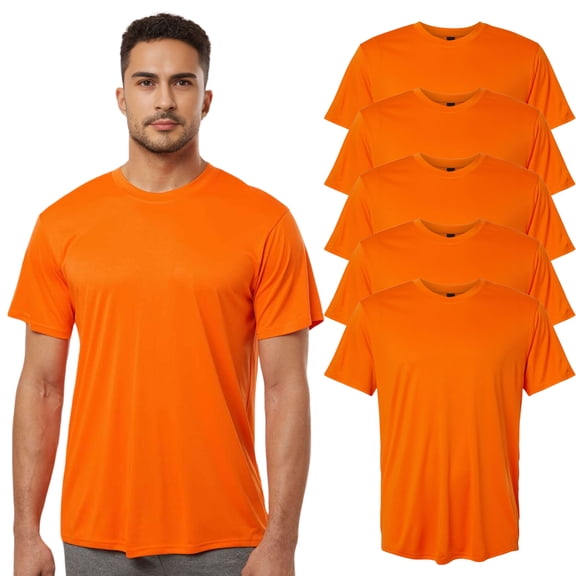 High Visibility Short Sleeve Workwear Tee, 100% Polyester Hi Vis Reflective Performance T-Shirts for Men (Neon Safety Orange 5 Pack, 4XL)
