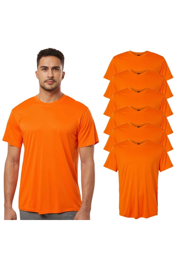 High Visibility Short Sleeve Workwear Tee, 100% Polyester Hi Vis Reflective Performance T-Shirts for Men (Neon Safety Orange 6 Pack, 2XL)