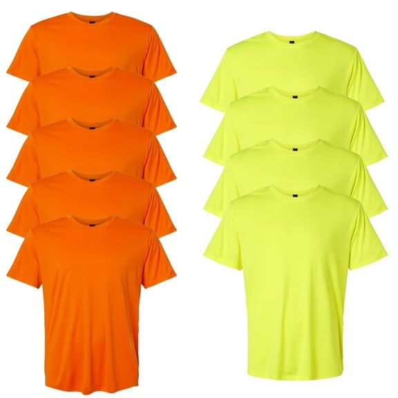 High Visibility Short Sleeve Workwear Tee, 100% Polyester Hi Vis Reflective Performance T-Shirts for Men (Neon Safety Orange/Yellow 10 Pack, XS)