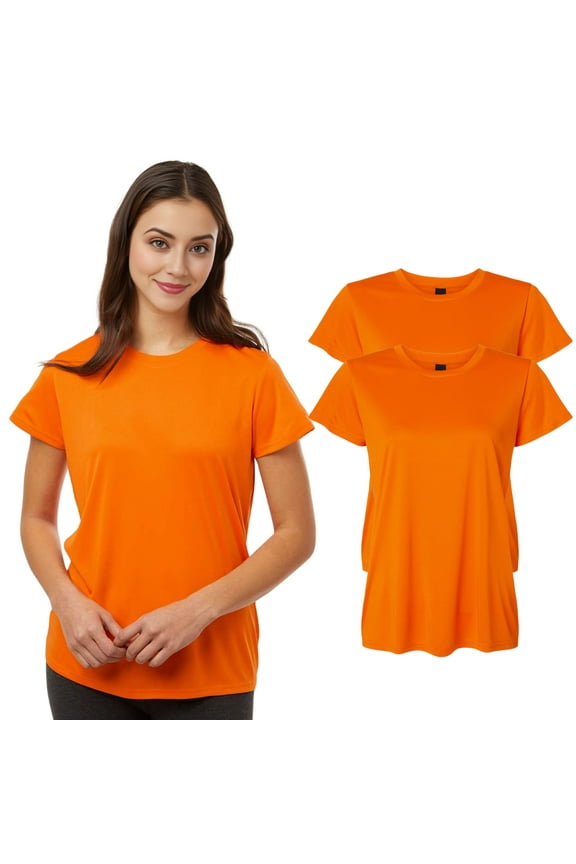 High Visibility Short Sleeve Workwear Tee, 100% Polyester Hi Vis Reflective Performance T-Shirts for Women (Neon Safety Orange 2 Pack, M)