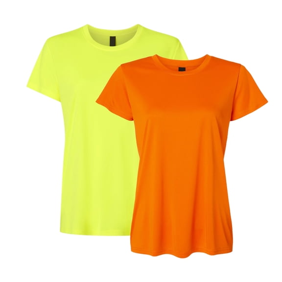 High Visibility Short Sleeve Workwear Tee, 100% Polyester Hi Vis Reflective Performance T-Shirts for Women (Neon Safety Orange/Yellow 2 Pack, S)
