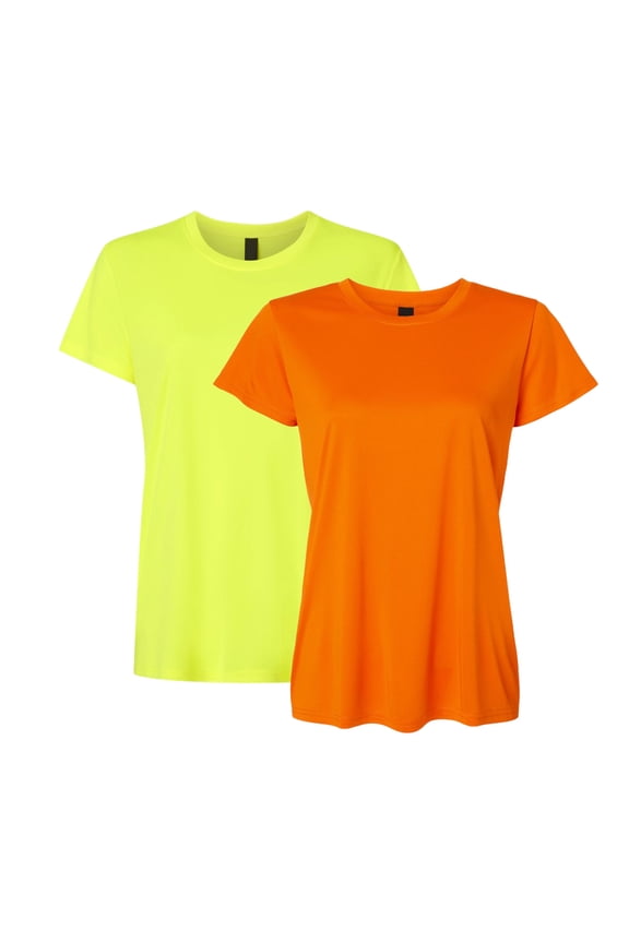 High Visibility Short Sleeve Workwear Tee, 100% Polyester Hi Vis Reflective Performance T-Shirts for Women (Neon Safety Orange/Yellow 2 Pack, XL)